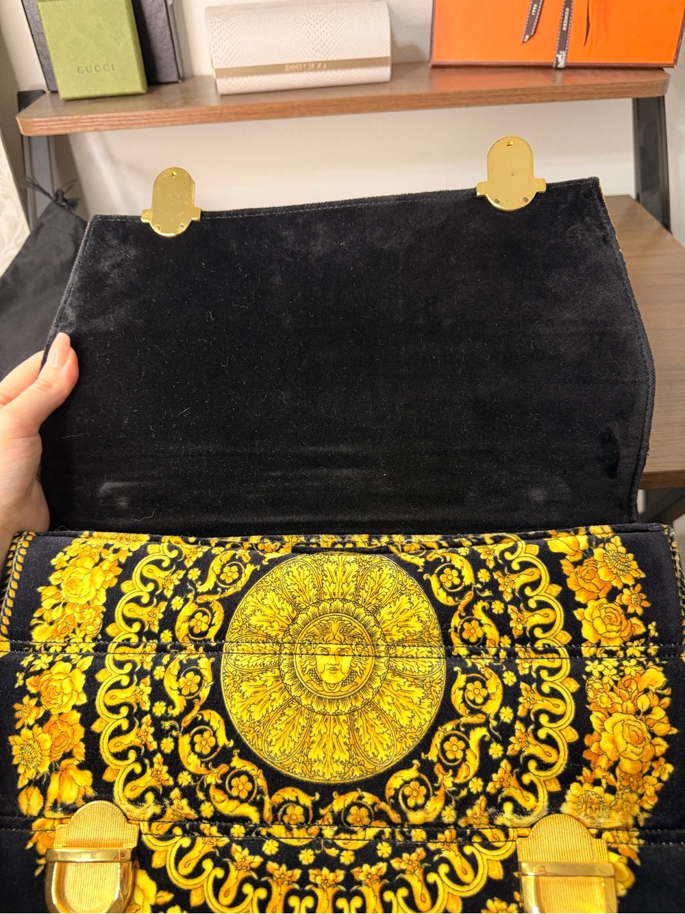 AUTHENTIC - RARE Gianni Versace Gold and Black Velvet Briefcase W/ Medusas - Picture 10 of 13
